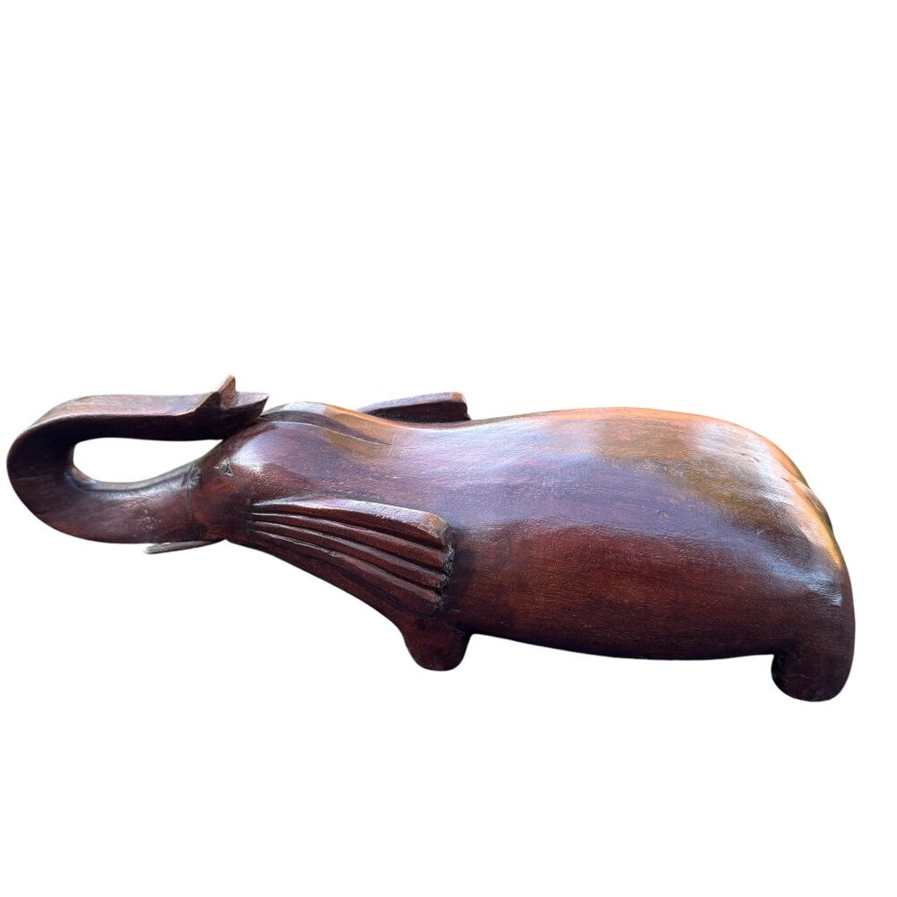 Vtg Handcrafted Carved Large Heavy Wooden Elephant Trunk Up Folk Art Sculpture